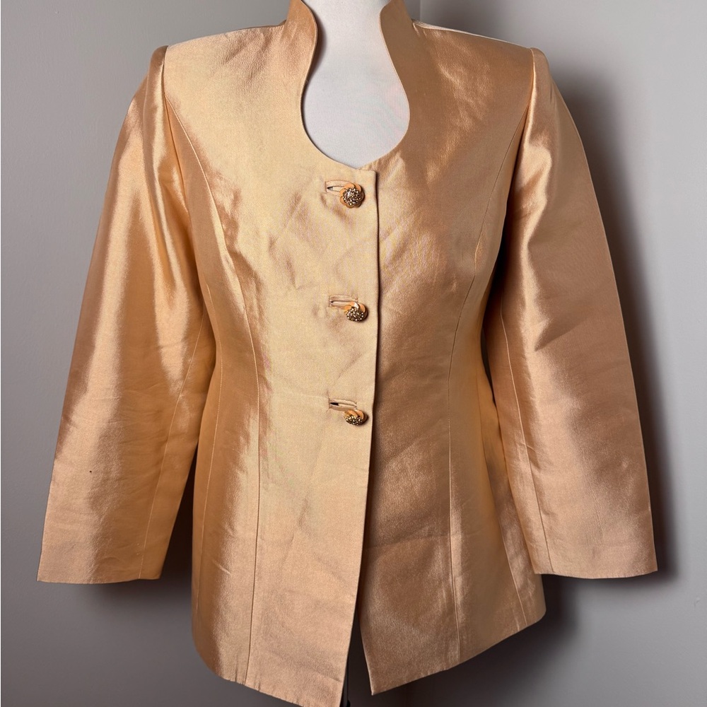 MOSHITA COUTURE Silk & Wool Structured Fit and Flare Blazer GOLD / SIZE 12 *FLAW